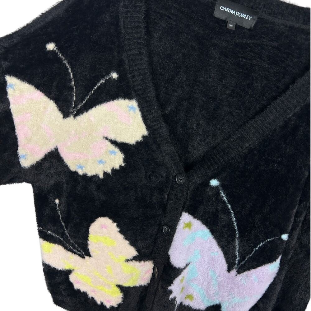 Cynthia Rowley Black Fuzzy Y2K Long Sleeve Multicolored Butterfly Cardigan M - Picture 6 of 8